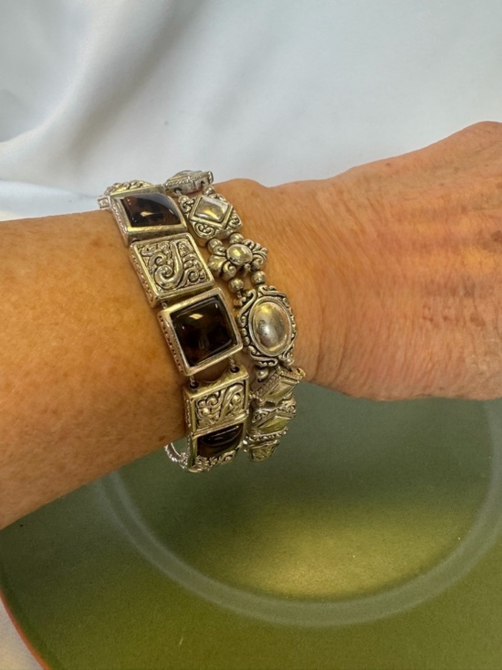Two Chunky Silver-Tone Ornate Link Bracelet with Brown Cabochon